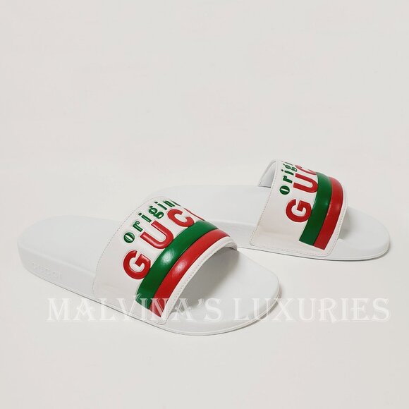 GUCCI SHOES MENS ORIGINAL WHITE LEATHER RUBBER SLIDE SANDAL w WEB sz 8G 8.5 US - Picture 3 of 15